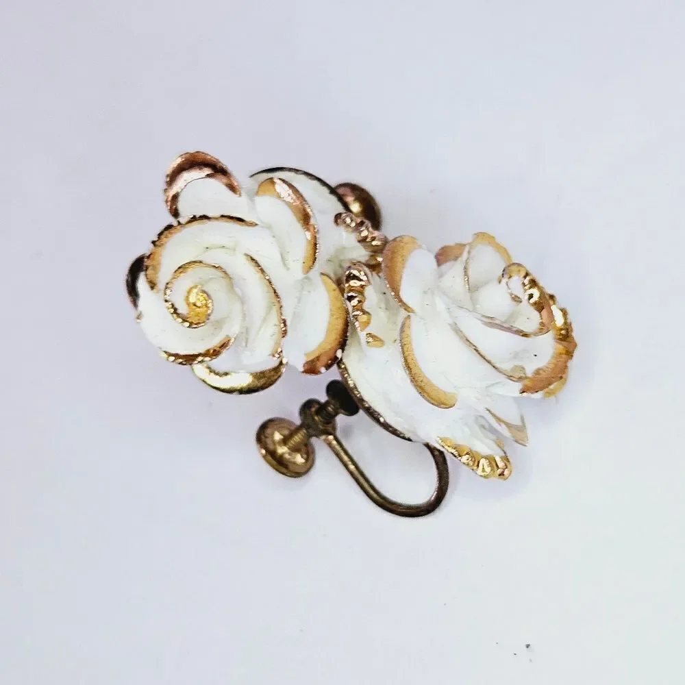 Vintage Porcelain White Rose Gold Accented Screw Back Earrings Made In England